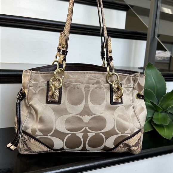 Coach Signature canvas Leather Shoulder Tote Purse Python Embossed Detail F19304 - Picture 3 of 9